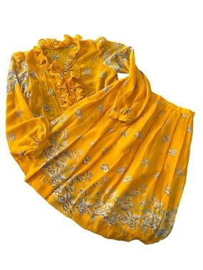 Vtg Floral Ruffled Top Pleated Skirt Size Small Bright Color Handmade 70s 80s